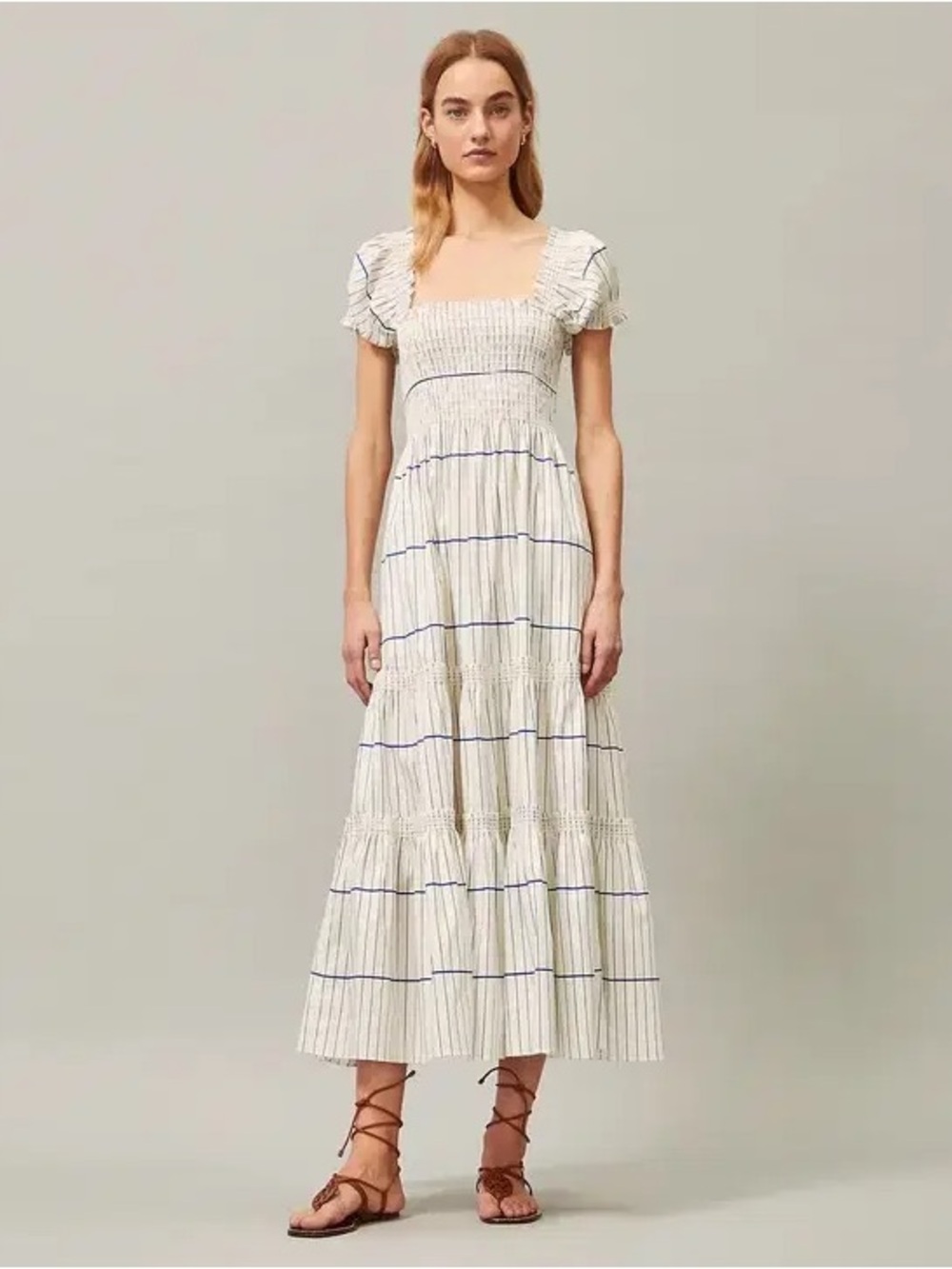 Tory Burch White MIDI Dress with Blue Stripes. XS
